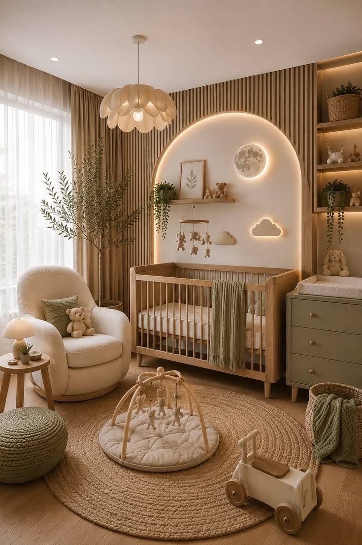 Sage and oak nursery with an arched wall, jute rug, cream armchair and moon lamp