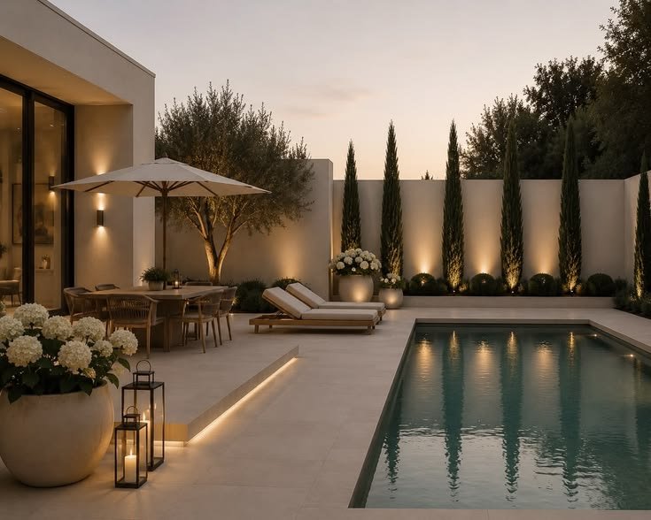 Poolside courtyard at dusk with cypress trees and lanterns