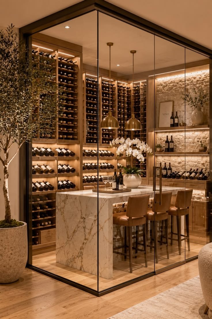 Glass-walled wine room with a marble island, tan bar stools and an olive tree in a stone pot
