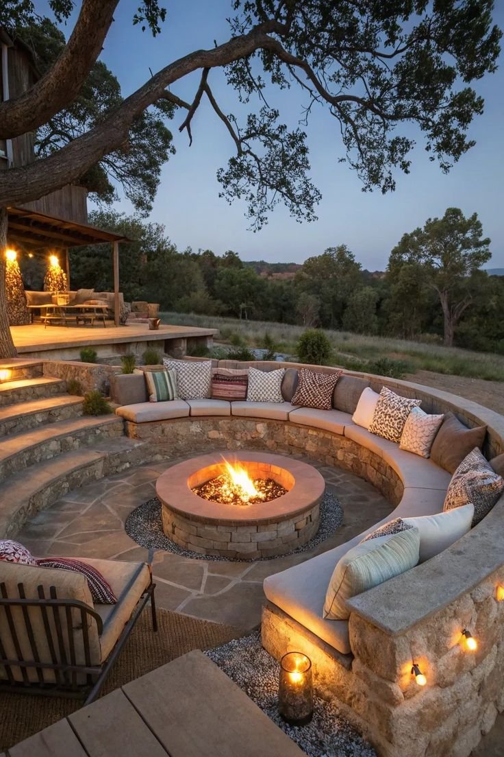 Sunken stone fire pit at dusk with a curved built-in bench, cushions and a wooden deck under an old oak tree