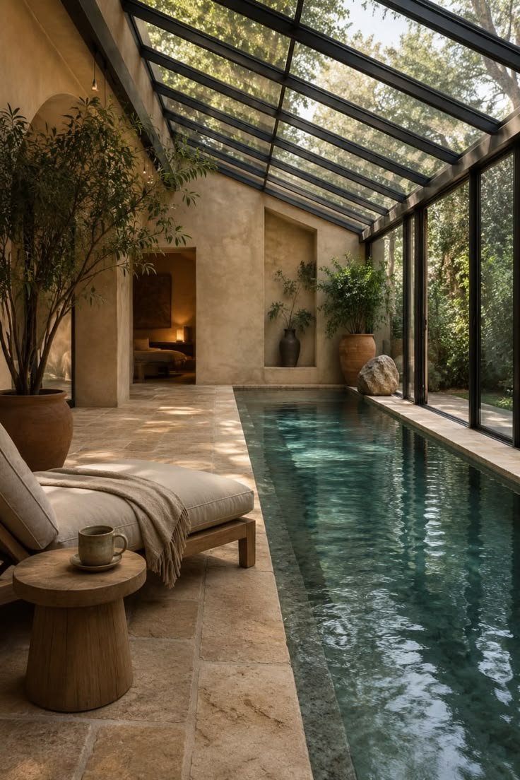 Indoor lap pool under a glass roof with stone flooring, terracotta planters and a wooden lounger with a linen throw