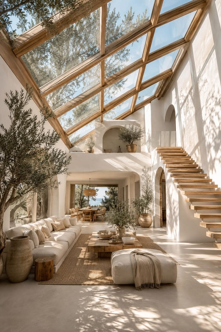 Sunlit living room with a glass and timber ceiling, a cream sofa, jute rug, olive trees and an arched stairway