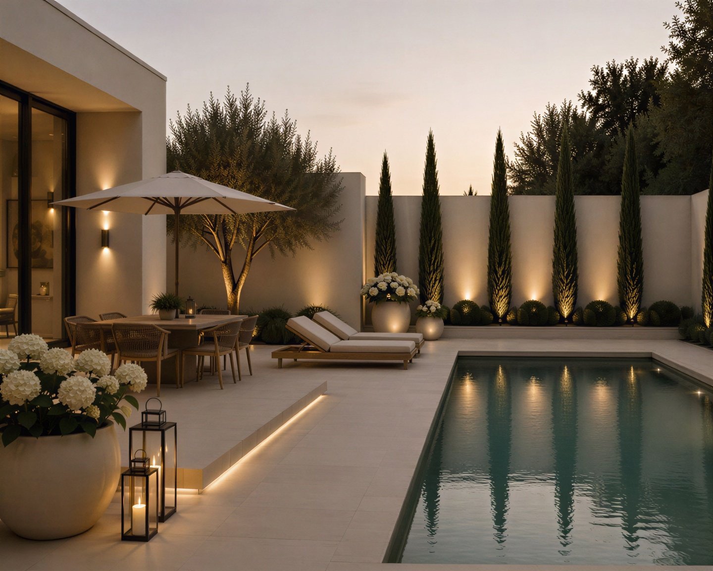 Courtyard at dusk with a lit pool, cypress trees, sun loungers and white hydrangeas